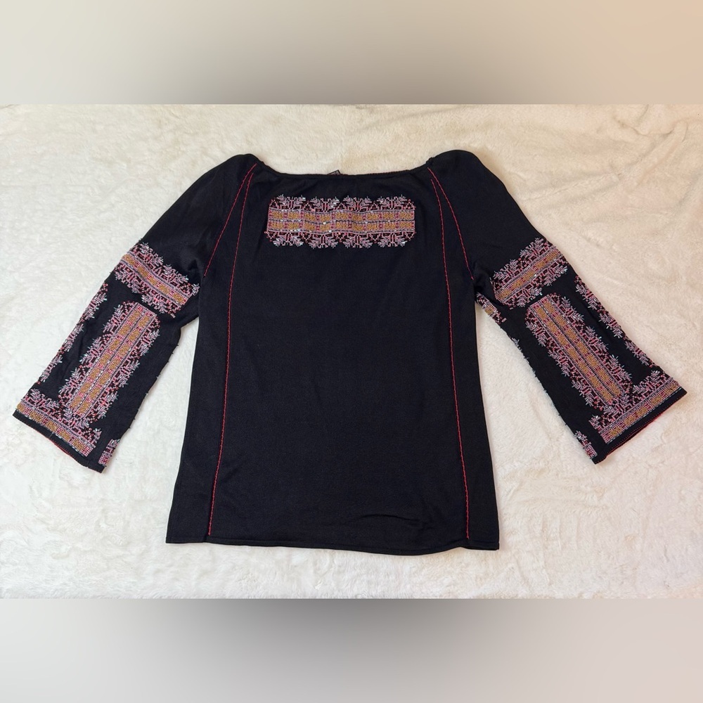 DKNY Beaded & Embroidered Silk Boho Peasant Blouse Festival Top, Flare Sleeves - Picture 16 of 16